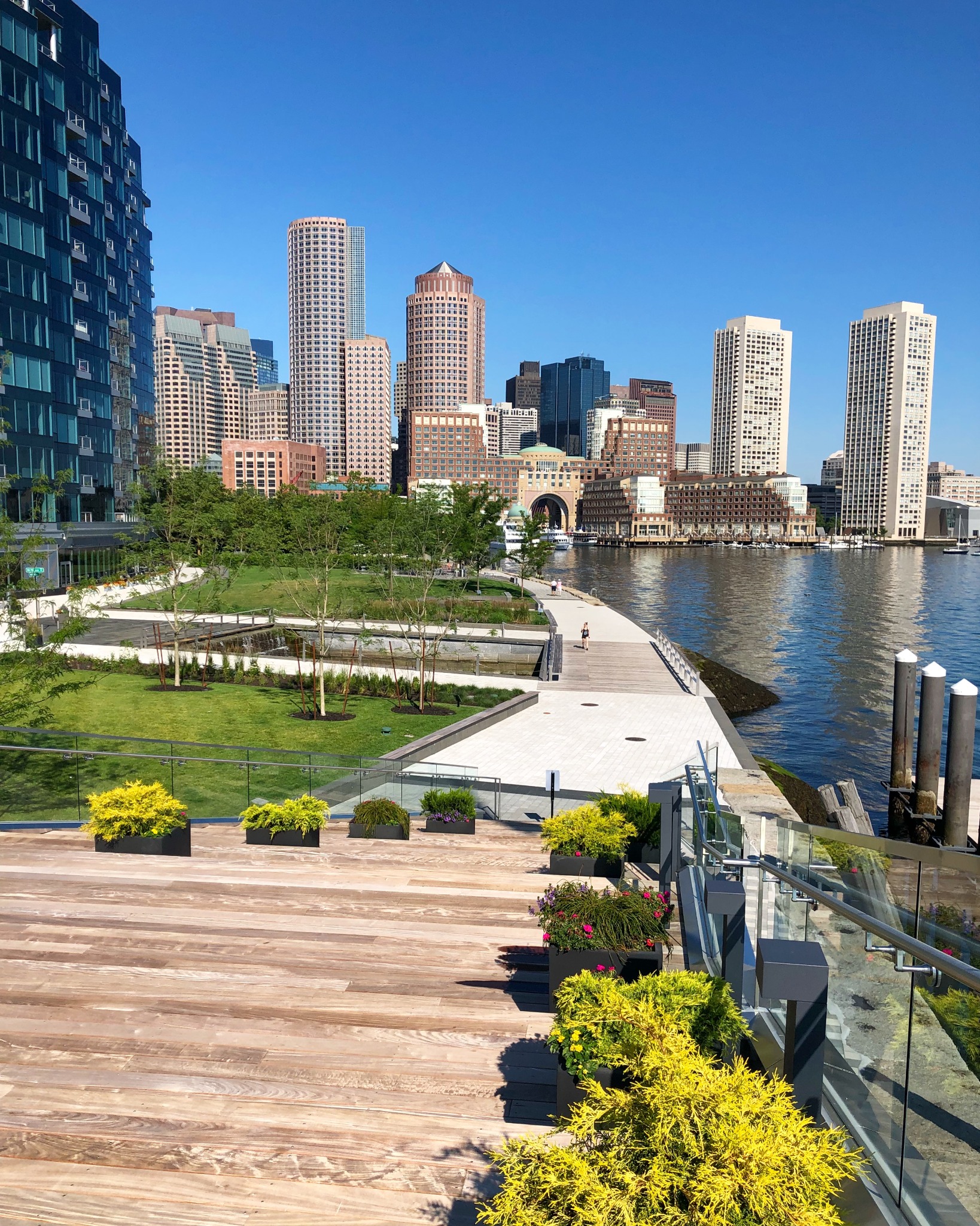 Boston skyline and Harborwalk viewed from Fan Pier in the Seaport
